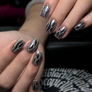 Press On Nails Black Translucent Silver Glitter Flame Pattern Gothic Style Artificial Fake Nails For Women