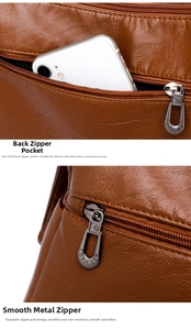 Detail of brown PU leather shoulder bag featuring anti-theft back pocket and metal zipper