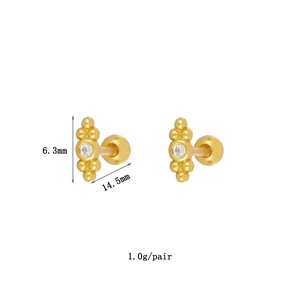 Detail view of gold beaded earrings showing 6.3mm height and 14.5mm thickness specs