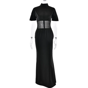 Elegant black sheer mesh high neck maxi dress with short sleeves and slim fit design