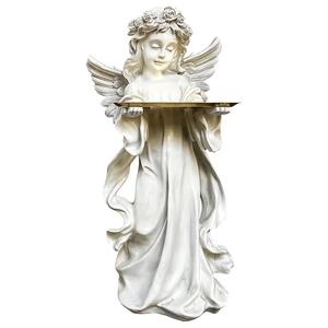 Elegant white resin angel statue floor ornament holding a functional golden tray