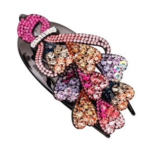 Fashionable black hair clip with colorful sparkling Czech rhinestones in heart patterns