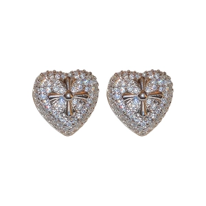 Elegant silver heart stud earrings featuring a zircon-encrusted cross design for women