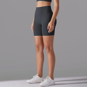 Close-up of high-waist seamless dark grey yoga shorts with supportive fit for fitness