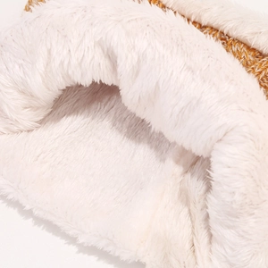 Kids winter knit beanie and scarf set with thick white faux fur lining in ginger yellow