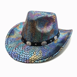 Holographic Snake Scale Cowboy Hat Polyester Colorful Metallic Glitter Western Hat With Rivet Leather Band For Party Disco