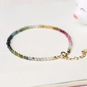 Minimalist 2mm colorful gradient tourmaline bead bracelet with heart charm and gold clasp