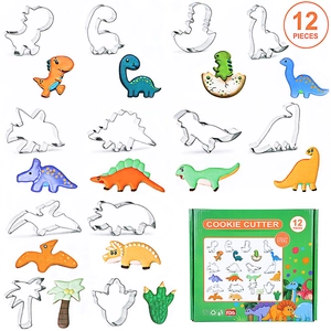 Macro view of 12 piece dinosaur cookie cutter set in stainless steel with gift box