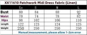 Size chart for the linen spliced midi dress detailing bust, waist, and length dimensions