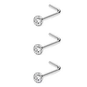 Three L-shaped silver nose studs with sparkling round-cut crystals on a white background