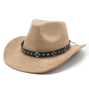 Close-up of khaki suede cowboy hat with brown leather band and turquoise bead details