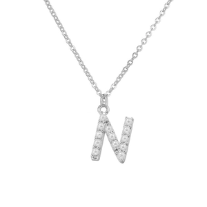Macro shot of silver letter N pendant featuring elegant white pearl embellishments