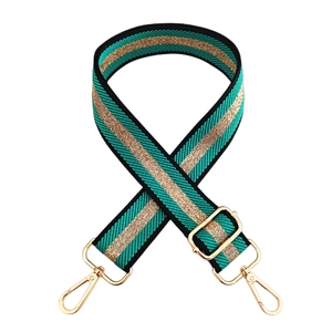 Adjustable green and gold striped woven bag strap with golden metal swivel hooks