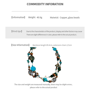 Detail view showing bohemian beaded necklace specs with copper butterfly and glass beads