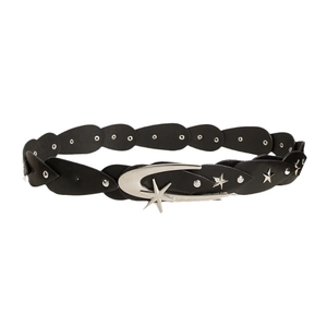 Vintage black leather belt with silver crescent moon buckle and star-shaped studs