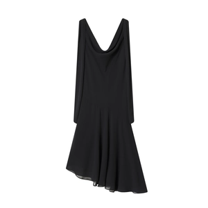 Abito nero senza maniche in chiffon con scollo a cappuccio e orlo asimmetrico