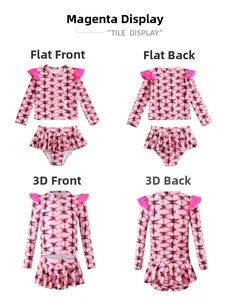Detail view of girls mermaid long sleeve swimwear set with tie dye pattern and ruffles