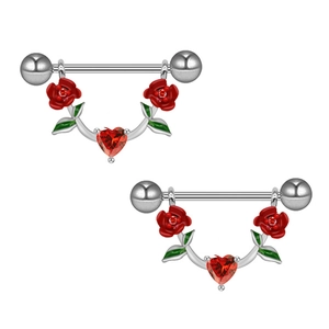 Nippelpiercing aus Edelstahl mit roten Rosen und einem herzförmigen roten Edelstein-Anhänger