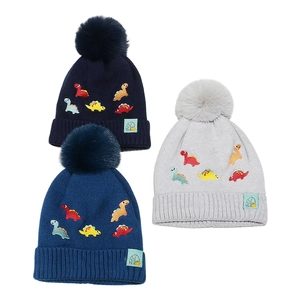 Winter knit beanies for kids featuring colorful dinosaur embroidery and faux fur pom-poms