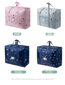 Detail showing four styles of foldable waterproof travel bags with handles and clear PVC windows