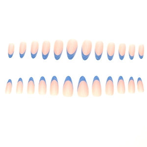 Unghie finte 3D Blue French wave a mandorla con 24 pezzi di punte per unghie lunghe