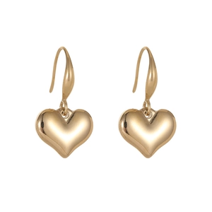 Minimalist 14k gold-plated 3D heart drop earrings in polished titanium steel on white background