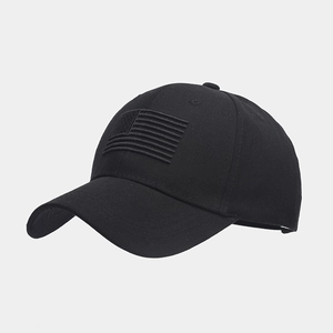 Close-up of black American flag embroidery on a high-quality cotton baseball cap