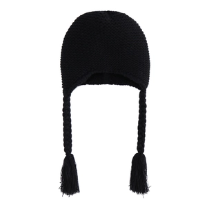 Detail of black knitted baby hat featuring warm earflaps and braided tassel accents