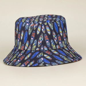 Detail of black reversible bucket hat with colorful surfboard and floral print fabric