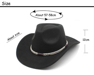 Size guide for black wool felt cowboy hat with dimensions 57-58cm circumference