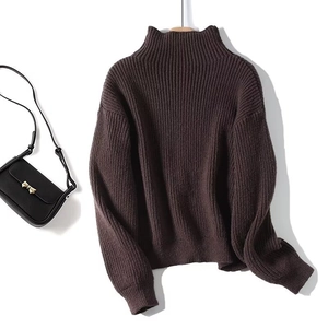 Chic dark brown high neck rib-knit sweater with loose drop shoulder design on white background