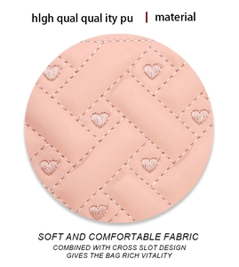 Detail of pink PU leather with cross slot stitching and heart embroidery for ladies wallet