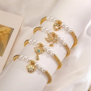 Beaded Bracelet Gold Plated Copper Beads White Imitation Artificial Pearl Cubic Zirconia Charm Heart Bird Evil Eye Cat Paw Jewelry