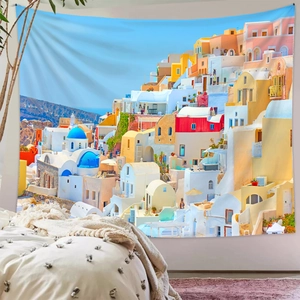 Detailed fabric texture of Santorini tapestry with blue dome church wall decor