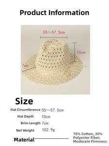 Detailed size chart showing dimensions and material of the boho hollow woven straw hat