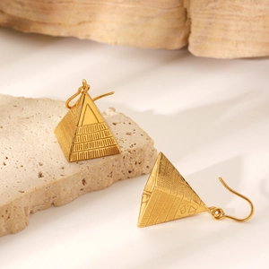Vintage 18K gold-plated stainless steel pyramid drop earrings with textured finish