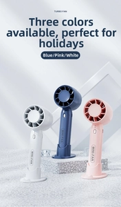Detailed view of USB handheld mini fans in blue, pink, and white with matching round bases