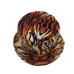 Outdoor zebra pattern bucket hat in vibrant yellow and orange tones with animal print