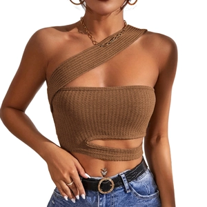Sexy braunes One-Shoulder-Strick-Crop-Top mit Cut-Outs und gerippter Textur