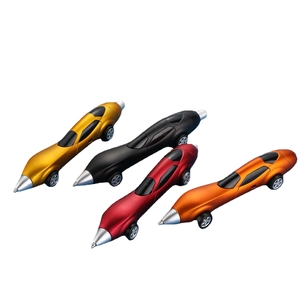 Creative car-shaped ballpoint pens in gold, black, red and orange set on white background