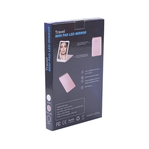 Retail packaging box for Rose Gold LED Travel Mirror showing USB charging and 72 LEDs