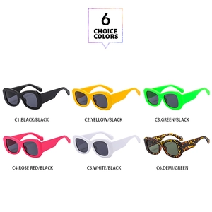 Six assorted colors of Y2K retro thick frame square sunglasses with dark lenses