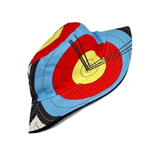 Detail of multi-colored bullseye target pattern on cotton canvas bucket sun hat