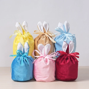 Easter bunny ear velvet gift bags in six colors with ribbons for parties and candies