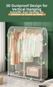 Vertical view of a semi-transparent PEVA dust cover showing clothes storage capacity