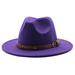 Close-up of purple wool fedora hat featuring a brown leather belt with metal buckle
