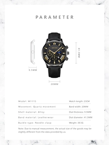 Diagramma tecnico dell'orologio al quarzo M1115 con dimensioni e specifiche dettagliate