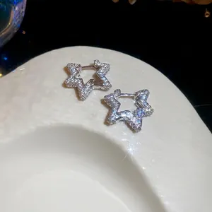 Sparkling silver star hoop earrings with pavé zircons for women, stylish jewelry