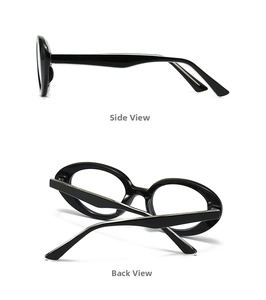 Macro view showing the side and back of black oval cat eye sunglasses frame
