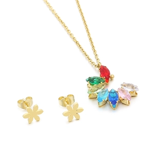 Golden titanium steel jewelry set with colorful petal pendant necklace and stud earrings
